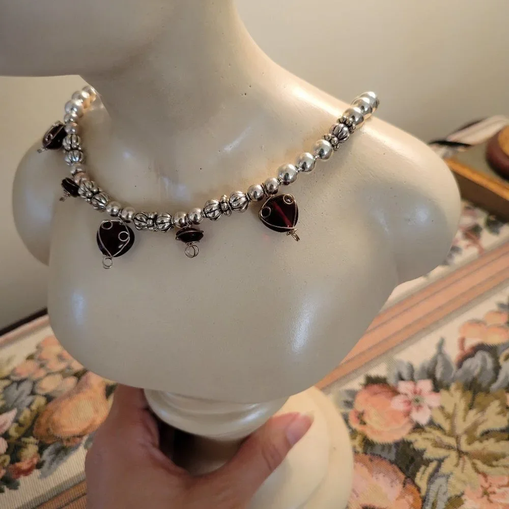 Handmade red heart and silver necklace - 24